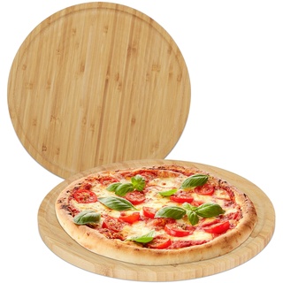 Relaxdays Pizzateller, 2er Set, Bambus, Ø 32 cm, Servierbrett für Pizza, Flammkuchen, Käse, rundes Pizzabrett, natur