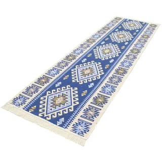 Wollteppich MORGENLAND "Kelim Teppich Ariz" Teppiche Gr. B/L: 80 cm x 250 cm, 5 mm, 2 m2, 1 St., blau Kelimteppich Baumwollteppiche reine Baumwolle