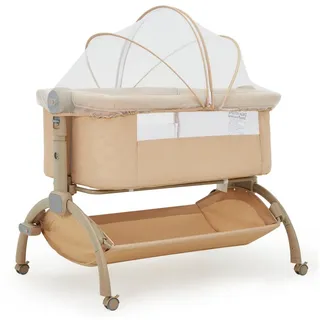 GarveeMore Beistellbett 3 in 1 Babybett mit Rollen & Umrandung, 98 × 63 ×84 cm, bis 9 kg, 360° Rollen feststellbar, 15° Anti-Reflux-Neigung, höhenverstellbar braun