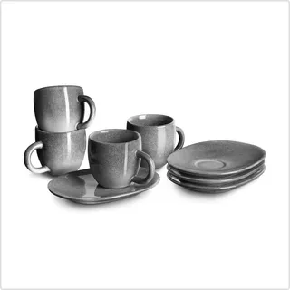 Springlane Espressotasse mit Untertasse 4er-Set Misty Cliff – Grau Meliert, Steingut – Kratzfest, Mikrowellengeeignet, Spülmaschinenfest – Ideal für Espresso & Mokka