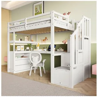 Flieks Hochbett Kinderbett Etagenbett 90x200cm mit Schreibtisch und Stauraumtreppe weiß