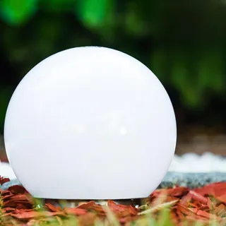 Mini Solarleuchte Nassau, Kugellampe mit Erdspieß, Kugelleuchte aus weißem Kunststoff Ø 15 cm, Außenleuchte mit Ein/Aus-Schalter, Solarlampe mit Dämmerungsschalter