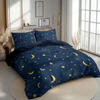 CozyRest Bettwäsche 200 x 200 cm Bettbezug Set 3 Teilig mit 2 Kissenbezügen, Muster Sterne und Mond Sternenhimmel Wende Blau Bettwäsche für Teenager Kinder, aus Weiche Mikrofaser mit Reißverschluss