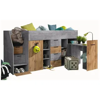 Abiks Möbel Hochbett, Grau, Eiche Wotan, Holz, Nachbildung, 10 Fächer, 4 Schubladen, 90x200 cm, Kinder- & Jugendzimmer, Kindermöbel, Kinderbetten, Hochbetten