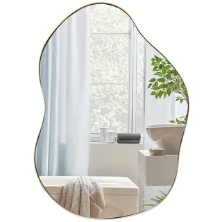GOPLUS asymmetrischer Wandspiegel, unregelmäßiger Spiegel mit Metallrahmen & Rückwand, HD Hängespiegel Kosmetikspiegel, dekorativer Schminkspiegel für Wohnzimmer, Bad & Flur(78×56,5cm,Gold)