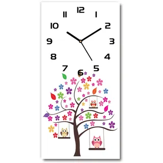 Tulup Glasuhr 30x60 cm - Schwarze Zeigern - Wanduhr Wandkunst Bild Gehärtetem Glas Uhr Echtglas Küche Wohnzimmer - Eulen auf Schaukeln