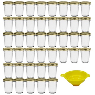 Viva Haushaltswaren - 42 x kleines Becherglas / Marmeladenglas 80 ml mit goldfarbenem Deckel, Vorratsdosen Set als Einmachgläser, Gewürzgläser, für Kuchen im Glas etc. verwendbar (inkl. Trichter)
