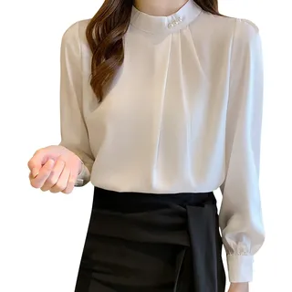 Seidenbluse Damen Oberteile Langarm Bluse mit Dekorativen Perle Festliche Blusen Elegant Shirt Hemdbluse Party Oberteil Arbeitshemd Seiden Business Outfit Satin Stehkragen Hemd - XXL
