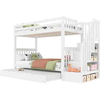 OKWISH Etagenbett 90x200 mit ausziehbarem Rollbett, Treppenregal, Massivholz-MDF, platzsparend, modern, stabil, weiß