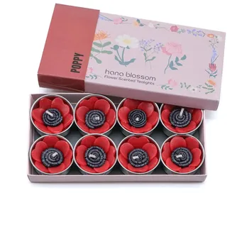 Hana Blossom Duftteelichter, handgefertigt, Fairtrade, parfümiert, Paraffin-Wachs imprägniertes Krepppapier Poppy Teelicht Designs in Geschenkbox