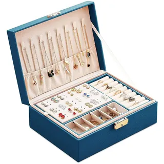 Schmuckschatulle Organizer, Schmuck Aufbewahrungskoffer, Abschließbare Damen Schmuckschatulle, PU Leder Schmuck Aufbewahrungskoffer, Schmuckschatulle 2 Schicht, für Ringe, Ohrringe, Halsketten(Grün)