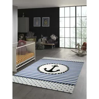TeppichHome24 Kinderteppich Kinderteppich Maritim mit Anker in Blau Creme, rechteckig, Höhe: 1.3 mm blau|weiß rechteckig | 160 cm x 230 cm x 1.3 mm