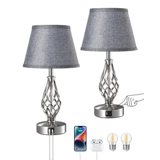 EDISHINE LED Nachttischlampe Touch Dimmbar 2er Set grau, Dekolampen, LED wechselbar, Tischlampe mit Ladefunktion, 2 USB Anschlüsse, für Schlaffzimmer grau