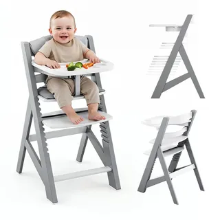 Tulano Morsel 40 Kinderhochstuhl Holz - Mitwachsender Hochstuhl Baby 4in1 | Hochstuhl mit Tisch - 11-fach Verstellbar - Für Kinder ab 6 Monate bis 12 Jahre - Belastbar bis 40 kg - Grau Weiß
