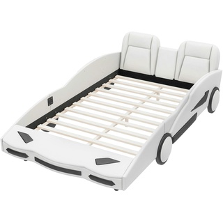 Merax Autobett für Erwachsene, Spielbett Flachbett mit Rausfallschutz 140×200cm Kunstleder, weiß