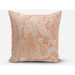 SCHÖNER LEBEN. Dekokissen SCHÖNER LEBEN. Kissenhülle aus Baumwolle Blätter Blumen Gräser grau beige|grau|orange quadratisch | 50 cm x 50 cm