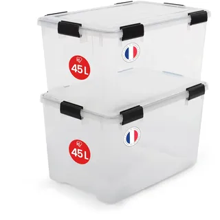 Iris Ohyama Luftdichte Kunststoff-Aufbewahrungsboxen mit Deckel, 45L, 2er-Set, Transparent, Hermetischer wasserdichter Verschluss, Robuste Schnappverschlüsse, Stapelbar, Staubschutz, BPA-frei, WSB-45