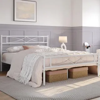 Yaheetech Metallbett 140 x 200 cm Bettrahmen mit Hohem Kopfteil Gästebett mit La - Weiß