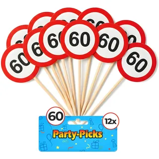 Tiwoca Deko zum 60. Geburtstag – 12 Stück rot-weiße Party-Picks mit Verkehrsschild-Optik Zahl 60 – Ausgefallene Geburtstagsdeko und lustige Geschenkideen für Männer und Frauen