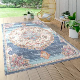 Paco Home Outdoor Teppich Wetterfest Wohnzimmer Balkon Küche Schlafzimmer Orient Muster Modern Bordüre Blau Beige, Grösse:60x100 cm