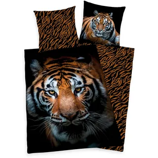 Wende Bettwäsche Set mit Tiger 135 x 200 cm 80 x 80 cm 100% Baumwolle
