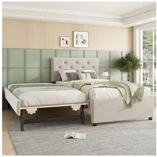 IDEASY Polsterbett 90 x 200 cm mit Klappbett, ausziehbar zum Doppelbett (Bettgestell mit Lattenrost, Kopfteil und Rollcontainer), Minimalistisch, Samt, Ohne Matratze beige