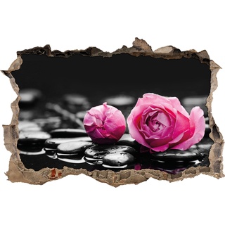 Pixxprint 3D_WD_4944_62x42 Dark Pinke Rosenblüten auf Zensteinen Wanddurchbruch 3D Wandtattoo, Vinyl, schwarz / weiß, 62 x 42 x 0,02 cm