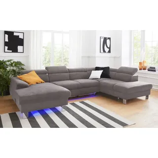 COTTA Wohnlandschaft Komaris U-Form, B: 320 cm, mit Kopfteilverstellung, optional Schlaffunktion, Bettkasten & Licht grau