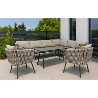 Gardissimo Gartenlounge-Set Abby rechts taupe Rope Dining Gartenmöbelset, (Set, 4-tlg., Alu, Ecklounge, Esstisch, 2 Sessel, inkl. Auflagen), wetterfest / Bezüge waschbar / Aluminium beige
