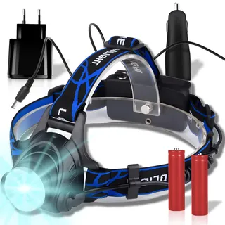 Retoo LED Stirnlampe, 3 Lichtmodi, Sensor, Zoom, Rotlicht, 2 Akkus | Kaltweiß, 300–500 m Reichweite, 2 x 18650 Akkus, Aluminium/ABS, stoßfest, wasserdicht, schwarz/blau