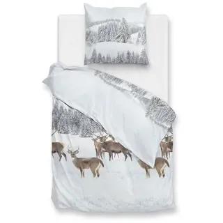 ZO HOME Bettwäsche Zo! Home Flanell Bettwäsche 155x220 cm Cervo white Hirsch Wald Winter, Flanell, 2 teilig weiß