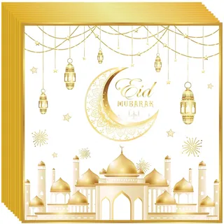 48 Stück Eid Mubarak Servietten, 33x33 cm, Eid und Ramadan Papierservietten mit Mond und Sternen, Eid Mubarak Tischdeko für Ramadan Feier, Festliche Servietten für Eid Mubarak Dekoration