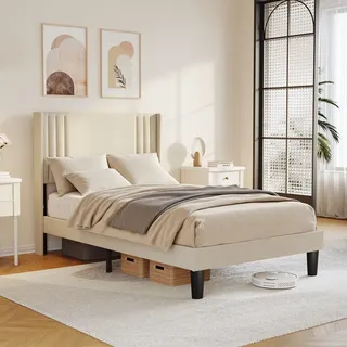 BEALIFE Polsterbett 120x200 cm mit Lattenrost & Leinen-Kopfteil | Geräuscharmes Einzelbett in Beige/Dunkelgrau | BF45 - Beige