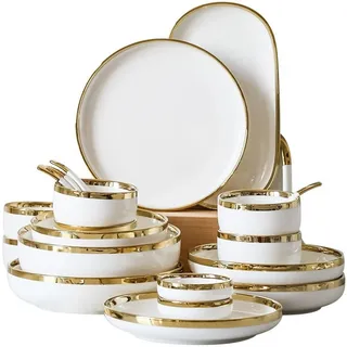 Geschirrset Gold Helle Weiße Porzellan Abendessen Sets Keramik Schüssel Teller Set Geschirr for Haushalt Hotel Für Küche und Esszimmer(Bright B1 people set)