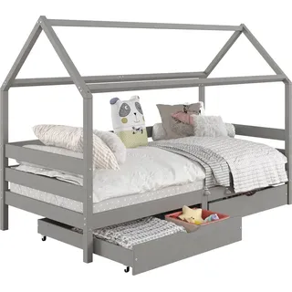Idimex Hausbett CLIA Montessori aus massiver Kiefer, Kinderbett mit Dach, Tipi Bett mit 2 Schubladen in grau