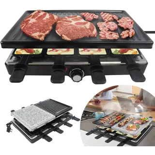 YRHome Raclette Grill für 8 Personen Multi-Grill mit Steinplatte und Grillplatte 1400W Tischgrill- 8 Pfannen und Holzspatel Stufenlos Regulierbare Temperatur Elektrogrill für Indoor Grillgut