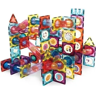 Olvy Magnetische Bausteine Montessori Spielzeug - 100 Magnetic Tiles Kinder - Murmelbahn Magnetisches Konstruktionsspielzeug Ab 3 Jahre - Smart Playground Magnetbausteine, Magnetset Kinder