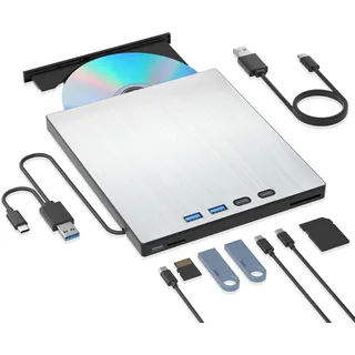 7 in 1 CD Laufwerk Extern USB, Hohe Geschwindigkeit Externes DVD Laufwerk | Schlank und Leicht Externes CD Laufwerk für Laptop, DVD Laufwerk Extern mit 4 USB-Anschlüssen und TF/SD Kartensteckplätzen