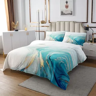 Marmor Tagesdecke für Jungen Teens Männer Golden Blue Marmor Bettdecke Set 220x240 Größe Steinmuster Tie Dye Türkis Teal Bettdecke Set Kinder Mädchen Moderne Abstrakte Kunst Bettdecke Quilt Set