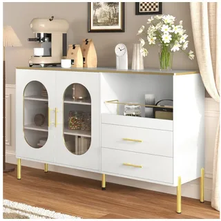 IDEASY Sideboard Sideboard weiß/gold mit 2 Schubl. & Glasfronten, Stauraum Kommode für Wohn- & Esszimmer weiß