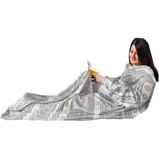 HOMELEVEL Kuscheldecke aus Microfaser mit Ärmeln Ärmeldecke Sofadecke 200cm x 150cm TV Decke Decke mit Armen Grau Norweger Design Wohndecke Decken (Hellgrau Norweger Design 2)