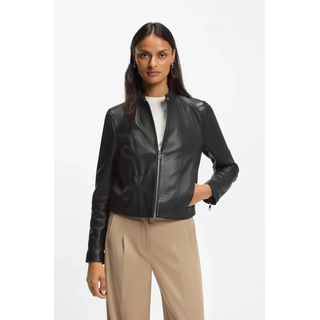 Lederjacke BOSS ORANGE "Saleste Premium Damenmode", Damen, Gr. 36, schwarz (schwarz 001), Obermaterial: 100% Lammleder, unifarben, regular fit, mit Reißverschluss, Jacken, aus fein genarbtem Leder