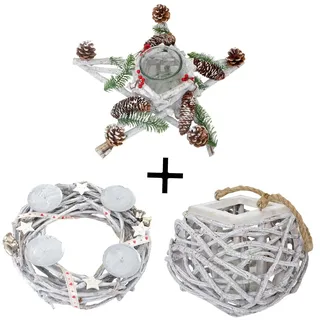 3er Set Tischkranz Stern + Gesteck + Windlicht, Weihnachtsdeko Adventskranz