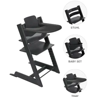 Stokke Hochstuhl-Set Tripp Trapp Bundle, Schwarz, Holz, Buche, 46x79x49 cm, Fußstütze verstellbar, Sitzfläche höhenverstellbar, Tablett, Snacktablett, Babymöbel, Hochstühle & Zubehör, Hochstühle
