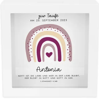 kleinebuchstaben® Spardose Taufe personalisiert Holz mit Namen zur Geburt Kommunion Konfirmation Mädchen mit Taufspruch und als Geldgeschenk – Taufgeschenk, Paten/Patin - Motiv: Regenbogen Rosa