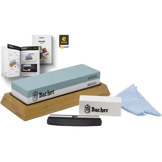 Bacher Premium Schleifstein. Zweiseitig, Körnung 3000/8000 Wetzstein Abziehsteine. Messerschärfer Wasserstein mit rutschfestem Bambusblock, Läppstein, Schleifhilfe und detaillierter eBook-Anleitung