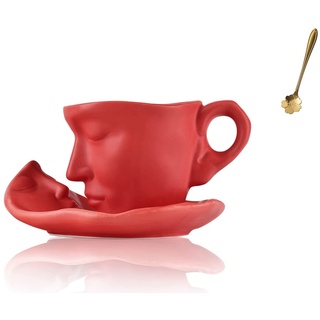 JTBDWOSK Kreatives Gesicht Keramik-Kaffeetassen Set mit Untertasse,Cappuccino Latte Tasse und Untertasse,Espresso-Kaffeetassen,Mikrowelle und Geschirrspüler sicher,Rot