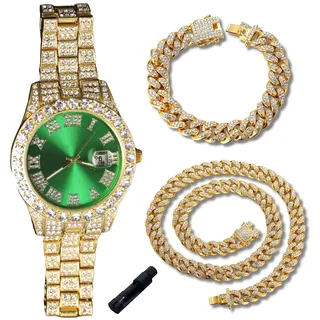 genkigold Diamantuhr für Teenager Jungen – 42mm Römische Ziffern Rundes Zifferblatt in Grün – 18K Echtgold Plattiert 20cm Armband – Inkl. Einstellwerkzeug, Kombiniert mit Cuban-Ketten 18cm+40cm