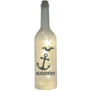 LED-Flasche mit Motiv, Norddeich mit Anker Möwe, grau, 29cm, Flaschen-Licht Lamp