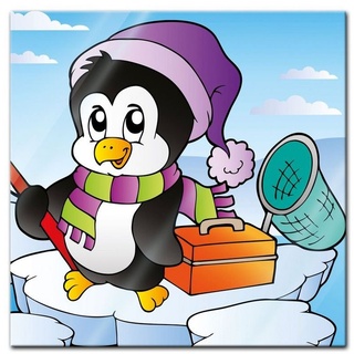 Bilderdepot24 Glasbild, Kinderbild fischender Pinguin bunt 50 cm x 50 cm